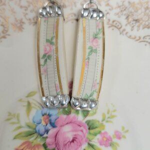 Taylor, Smith & Taylor Pink Roses Broken China Top and Bottom Soldered Earrings